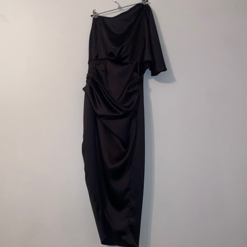 Midi, silky black dress one shoulder